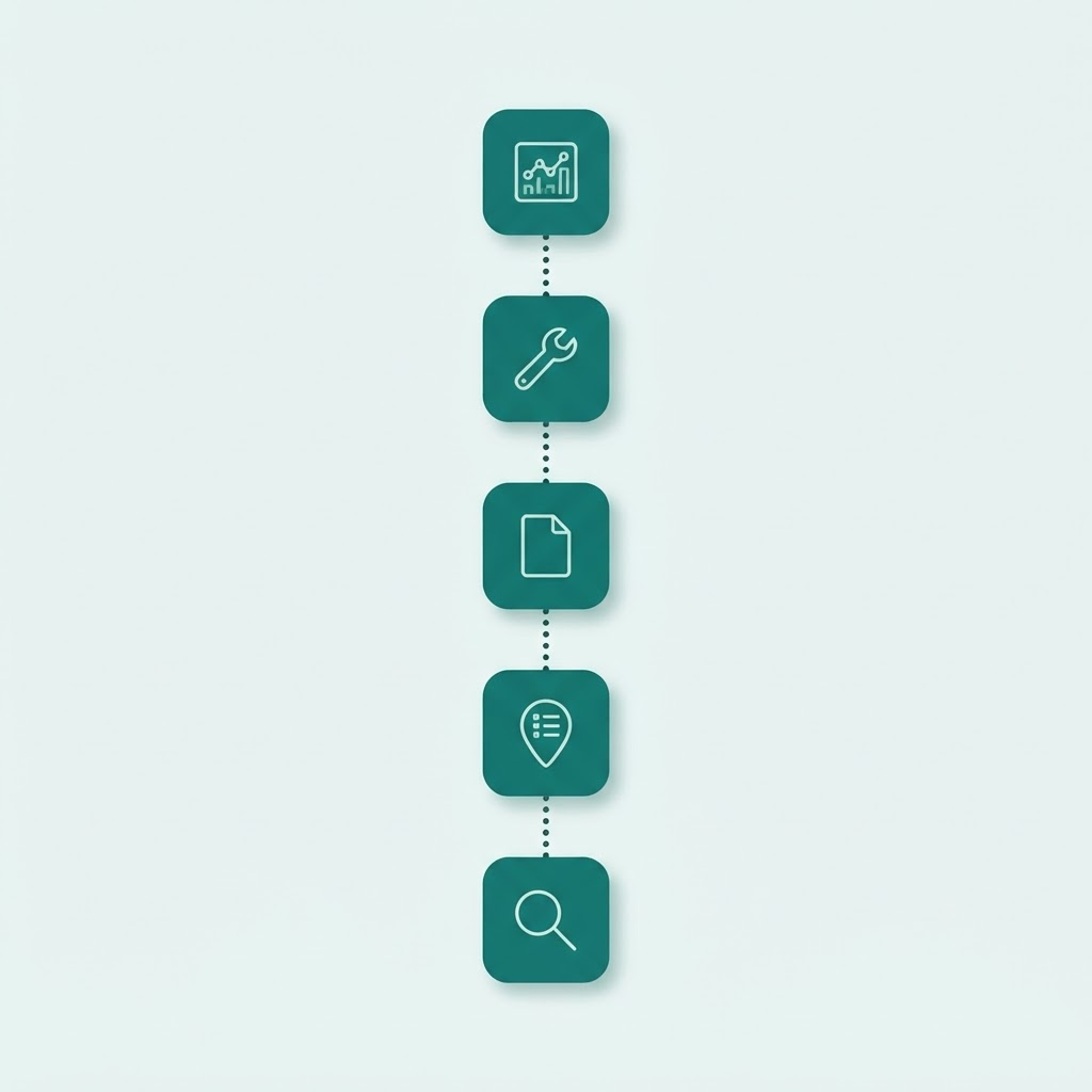 Diagramma astratto di cinque passaggi collegati verticalmente, che rappresentano i moduli del percorso formativo
