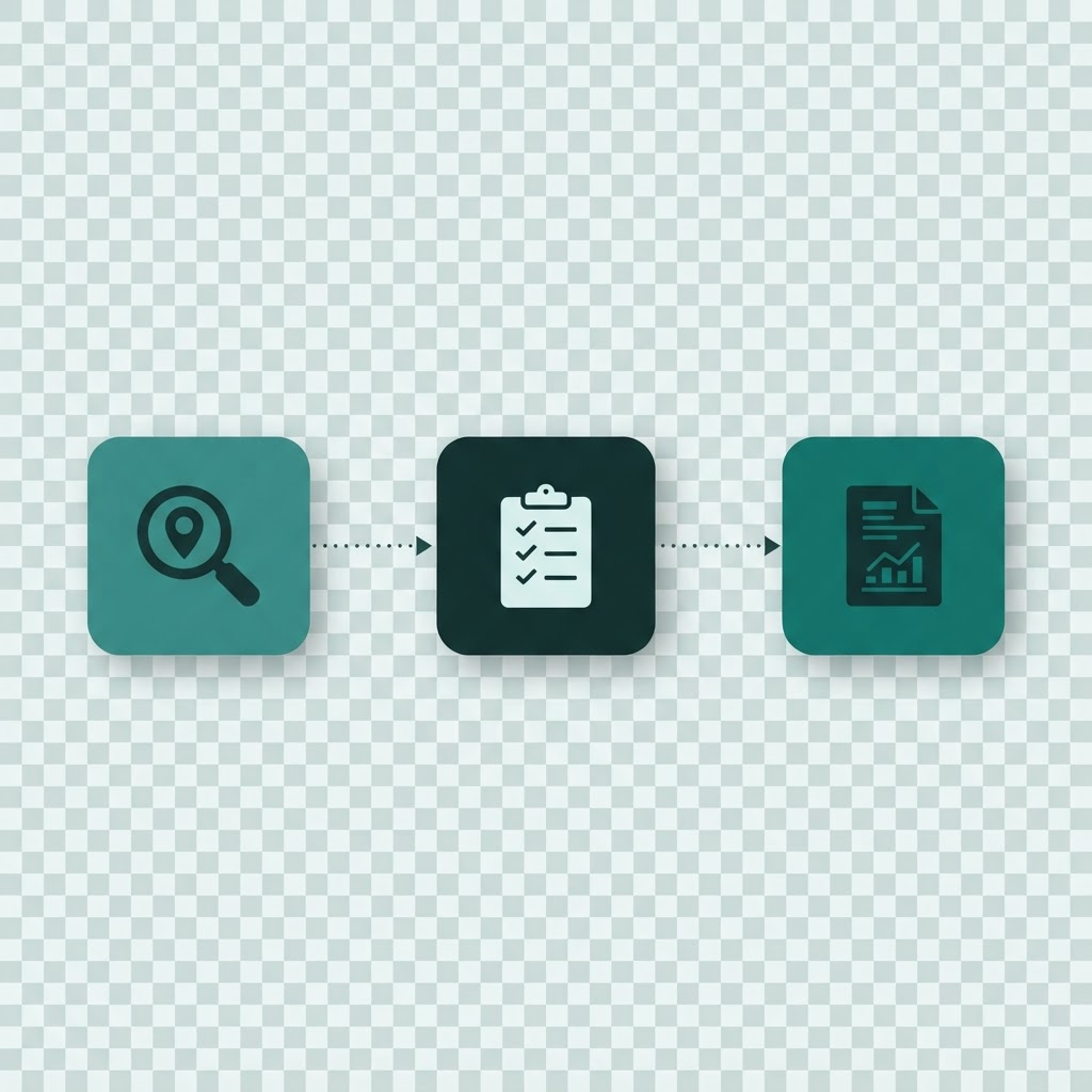 Diagramma astratto che collega tre nodi con linee tratteggiate, a rappresentare le fasi del processo di analisi, correzione e reportistica